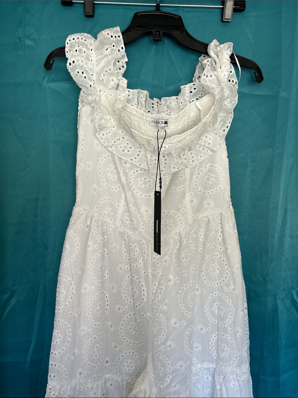 Fashion Nova White Eyelet Cold-Shoulder Wide-Leg Jumpsuit Ptp 16” - Picture 5 of 7